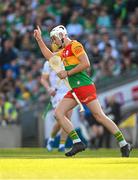 27 May 2023; Paddy Boland of Carlow celebrates after scoring a point during the Joe McDonagh Cup Final match between Carlow and Offaly at Croke Park in Dublin. Photo by Tyler Miller/Sportsfile
