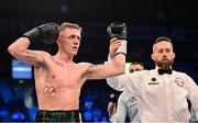 27 May 2023; Kurt Walker celebrates defeating Maicol Velazco in their featherweight bout at the SSE Arena in Belfast. Photo by Ramsey Cardy/Sportsfile