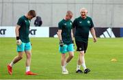 27 May 2023; Repiblic of Ireland goalkeeping coach Josh Moran with Jason Healy and Joseph Collins before the UEFA European U17 Championship Quarter-Final match between Spain and Republic of Ireland at Hidegkuti Hándor Stadium in Budapest, Hungary. Photo by Laszlo Szirtesi/Sportsfile