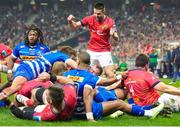 27 May 2023; Conor Murray of Munster celebrates as teammate Diarmuid Barron scores their side's frst try during the United Rugby Championship Final match between DHL Stormers and Munster at DHL Stadium in Cape Town, South Africa. Photo by Nic Bothma/Sportsfile
