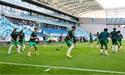 27 May 2023; Republic of Ireland players warm up before the UEFA European U17 Championship Quarter-Final match between Spain and Republic of Ireland at Hidegkuti Hándor Stadium in Budapest, Hungary. Photo by Laszlo Szirtesi/Sportsfile