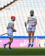 27 May 2023; Paddy Clancy of Offaly celebrates after scoring a late second half point during the Joe McDonagh Cup Final match between Carlow and Offaly at Croke Park in Dublin. Photo by Stephen Marken/Sportsfile