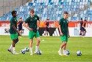 27 May 2023; Republic of Ireland players warm up before the UEFA European U17 Championship Quarter-Final match between Spain and Republic of Ireland at Hidegkuti Hándor Stadium in Budapest, Hungary. Photo by Laszlo Szirtesi/Sportsfile