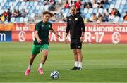 27 May 2023; Najemedine Razi of Republic of Ireland and coach David Meyler  before the UEFA European U17 Championship Quarter-Final match between Spain and Republic of Ireland at Hidegkuti Hándor Stadium in Budapest, Hungary. Photo by Laszlo Szirtesi/Sportsfile