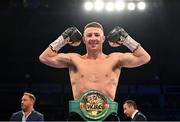 27 May 2023; Pierce O'Leary celebrates defeating Alin Florin Ciorceri in their super-lightweight bout at the SSE Arena in Belfast. Photo by Ramsey Cardy/Sportsfile