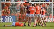 27 May 2023; Sam Duncan of Westmeath and Aidan Forker of Armagh have words after a second half incident as Rian O'Neill of Armagh lies injured on the field during the GAA Football All-Ireland Senior Championship Round 1 match between Armagh and Westmeath at the BOX-IT Athletic Grounds in Armagh. Photo by Oliver McVeigh/Sportsfile