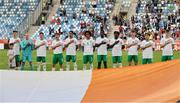 27 May 2023; The Republic of Ireland stand for the natonal anthem before the UEFA European U17 Championship Quarter-Final match between Spain and Republic of Ireland at Hidegkuti Hándor Stadium in Budapest, Hungary. Photo by Laszlo Szirtesi/Sportsfile