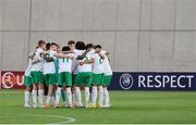 27 May 2023; The Republic of Ireland team huddle before the UEFA European U17 Championship Quarter-Final match between Spain and Republic of Ireland at Hidegkuti Hándor Stadium in Budapest, Hungary. Photo by Laszlo Szirtesi/Sportsfile