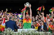 27 May 2023; Paul Doyle of Carlow lifts the cup after the Joe McDonagh Cup Final match between Carlow and Offaly at Croke Park in Dublin. Photo by Tyler Miller/Sportsfile