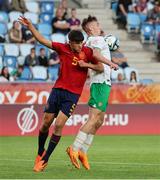 27 May 2023; Mason Melia of Republic of Ireland in action against Pau Cubarsí Peredes of Spain during the UEFA European U17 Championship Quarter-Final match between Spain and Republic of Ireland at Hidegkuti Hándor Stadium in Budapest, Hungary. Photo by Laszlo Szirtesi/Sportsfile