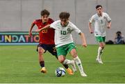 27 May 2023; Najemedine Razi of Republic of Ireland in action against Juan Hernández Torres of Spain during the UEFA European U17 Championship Quarter-Final match between Spain and Republic of Ireland at Hidegkuti Hándor Stadium in Budapest, Hungary. Photo by Laszlo Szirtesi/Sportsfile