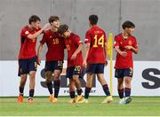 27 May 2023; Spain players celebrate their side's first goal during the UEFA European U17 Championship Quarter-Final match between Spain and Republic of Ireland at Hidegkuti Hándor Stadium in Budapest, Hungary. Photo by Laszlo Szirtesi/Sportsfile