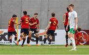 27 May 2023; Spain players celebrate their side's first goal during the UEFA European U17 Championship Quarter-Final match between Spain and Republic of Ireland at Hidegkuti Hándor Stadium in Budapest, Hungary. Photo by Laszlo Szirtesi/Sportsfile