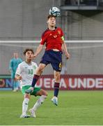 27 May 2023; Pau Prim Coma of Spain in action against Najemedine Razi of Republic of Ireland during the UEFA European U17 Championship Quarter-Final match between Spain and Republic of Ireland at Hidegkuti Hándor Stadium in Budapest, Hungary. Photo by Laszlo Szirtesi/Sportsfile