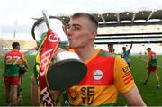 27 May 2023; Jack McCullagh of Carlow celebrates with the cup during the Joe McDonagh Cup Final match between Carlow and Offaly at Croke Park in Dublin. Photo by Tyler Miller/Sportsfile