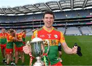 27 May 2023; Conor Lawlor of Carlow celebrates with the cup after the Joe McDonagh Cup Final match between Carlow and Offaly at Croke Park in Dublin. Photo by Tyler Miller/Sportsfile