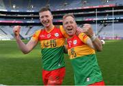 27 May 2023; JP Treacy of Carlow, left, and Richard Coady celebrate after their side's victory in the Joe McDonagh Cup Final match between Carlow and Offaly at Croke Park in Dublin. Photo by Tyler Miller/Sportsfile