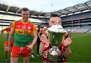 27 May 2023; Carlow goalkeeper Brian Tracey celebrates with the cup after the Joe McDonagh Cup Final match between Carlow and Offaly at Croke Park in Dublin. Photo by Tyler Miller/Sportsfile
