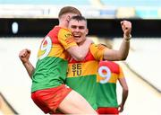 27 May 2023; Jack McCullagh of Carlow celebrates after his side's victory in the Joe McDonagh Cup Final match between Carlow and Offaly at Croke Park in Dublin. Photo by Tyler Miller/Sportsfile