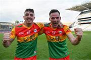 27 May 2023; James Doyle of Carlow, left, and Martin Kavanagh celebrate after their side's victory in the Joe McDonagh Cup Final match between Carlow and Offaly at Croke Park in Dublin. Photo by Tyler Miller/Sportsfile
