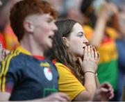 27 May 2023; Carlow supporters during the Joe McDonagh Cup Final match between Carlow and Offaly at Croke Park in Dublin. Photo by Stephen Marken/Sportsfile