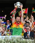 27 May 2023; Paul Doyle of Carlow lifts the cup after the Joe McDonagh Cup Final match between Carlow and Offaly at Croke Park in Dublin. Photo by Tyler Miller/Sportsfile