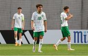 27 May 2023; Republic of Ireland players, from left, Freddie Turley, Najemedine Razi and Daniel McGrath react after conceding a goal during the UEFA European U17 Championship Quarter-Final match between Spain and Republic of Ireland at Hidegkuti Hándor Stadium in Budapest, Hungary. Photo by Laszlo Szirtesi/Sportsfile