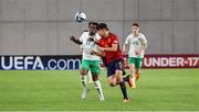 27 May 2023; Pau Cubarsí Peredes of Spain in action against Ikechukwu Orazi of Republic of Ireland during the UEFA European U17 Championship Quarter-Final match between Spain and Republic of Ireland at Hidegkuti Hándor Stadium in Budapest, Hungary. Photo by Laszlo Szirtesi/Sportsfile