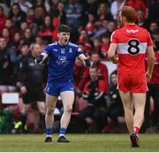 27 May 2023; Stephen O’Hanlon of Monaghan celebrates the awarding of a free in during the GAA Football All-Ireland Senior Championship Round 1 match between Derry and Monaghan at Celtic Park in Derry. Photo by Harry Murphy/Sportsfile