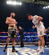 27 May 2023; Anthony Cacace is declared victorious over Damian Wrzesinski in their IBO World Super-Featherweight title bout at the SSE Arena in Belfast. Photo by Ramsey Cardy/Sportsfile