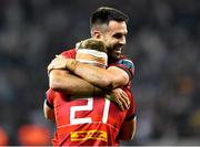 27 May 2023; Munster players Conor Murray and Craig Casey celebrate at the final whistle of the United Rugby Championship Final match between DHL Stormers and Munster at DHL Stadium in Cape Town, South Africa. Photo by Ashley Vlotman/Sportsfile