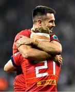 27 May 2023; Munster players Conor Murray and Craig Casey celebrate at the final whistle of the United Rugby Championship Final match between DHL Stormers and Munster at DHL Stadium in Cape Town, South Africa. Photo by Ashley Vlotman/Sportsfile