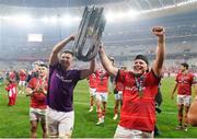 27 May 2023; Munster players and brothers Fineen Wycherley, left, and Josh Wycherley celebrate with the trophy after winning the United Rugby Championship Final match between DHL Stormers and Munster at DHL Stadium in Cape Town, South Africa. Photo by Nic Bothma/Sportsfile