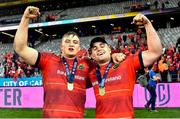 27 May 2023; Munster players Gavin Coombes, left, and Alex Kendellen celebrate after the United Rugby Championship Final match between DHL Stormers and Munster at DHL Stadium in Cape Town, South Africa. Photo by Ashley Vlotman/Sportsfile