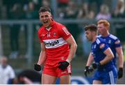 27 May 2023; Shane McGuigan of Derry celebrates kicking a late point during the GAA Football All-Ireland Senior Championship Round 1 match between Derry and Monaghan at Celtic Park in Derry. Photo by Harry Murphy/Sportsfile