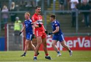 27 May 2023; Shane McGuigan of Derry celebrates kicking a late point during the GAA Football All-Ireland Senior Championship Round 1 match between Derry and Monaghan at Celtic Park in Derry. Photo by Harry Murphy/Sportsfile