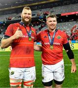 27 May 2023; Munster players RG Snyman, left, and captain Peter O'Mahony celebrate after the United Rugby Championship Final match between DHL Stormers and Munster at DHL Stadium in Cape Town, South Africa. Photo by Ashley Vlotman/Sportsfile