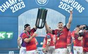 27 May 2023; Munster players Jack Crowley, left, and Gavin Coombes celebrate with the trophy after the United Rugby Championship Final match between DHL Stormers and Munster at DHL Stadium in Cape Town, South Africa. Photo by Ashley Vlotman/Sportsfile