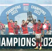 27 May 2023; Munster players, from left, Mike Haley, Calvin Nash, Jack Crowley and Malakai Fekitoa celebrate with the trophy after the United Rugby Championship Final match between DHL Stormers and Munster at DHL Stadium in Cape Town, South Africa. Photo by Ashley Vlotman/Sportsfile