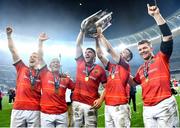 27 May 2023; Munster players, from left, Mike Haley, Keith Earls, Tadhg Beirne, Conor Murray and captain Peter O'Mahony celebrate with the trophy after the United Rugby Championship Final match between DHL Stormers and Munster at DHL Stadium in Cape Town, South Africa. Photo by Ashley Vlotman/Sportsfile