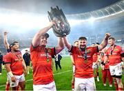 27 May 2023; Munster players Alex Kendellen, left, and John Hodnett celebrate with the trophy after the United Rugby Championship Final match between DHL Stormers and Munster at DHL Stadium in Cape Town, South Africa. Photo by Ashley Vlotman/Sportsfile