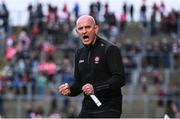 27 May 2023; Derry manager Ciaran Meenagh celebrates a late point during the GAA Football All-Ireland Senior Championship Round 1 match between Derry and Monaghan at Celtic Park in Derry. Photo by Harry Murphy/Sportsfile