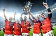 27 May 2023; Munster players, from left, Mike Haley, Keith Earls, Tadhg Beirne, Conor Murray and captain Peter O'Mahony celebrate with the trophy after the United Rugby Championship Final match between DHL Stormers and Munster at DHL Stadium in Cape Town, South Africa. Photo by Ashley Vlotman/Sportsfile