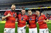 27 May 2023; Munster players, from left, RG Snyman, Peter O'Mahony, Alex Kendellen and Jack Crowley celebrate after the United Rugby Championship Final match between DHL Stormers and Munster at DHL Stadium in Cape Town, South Africa. Photo by Ashley Vlotman/Sportsfile