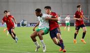 27 May 2023; Nickson Okosun of Republic of Ireland in action against Pau Cubarsí Peredes of Spain during the UEFA European U17 Championship Quarter-Final match between Spain and Republic of Ireland at Hidegkuti Hándor Stadium in Budapest, Hungary. Photo by Laszlo Szirtesi/Sportsfile