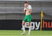 27 May 2023; Luke Kehir of Republic of Ireland reacts during the UEFA European U17 Championship Quarter-Final match between Spain and Republic of Ireland at Hidegkuti Hándor Stadium in Budapest, Hungary. Photo by Laszlo Szirtesi/Sportsfile