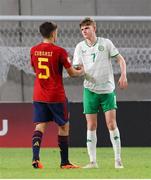 27 May 2023; Luke Kehir of Republic of Ireland, right, and Pau Cubarsí Peredes of Spain after the UEFA European U17 Championship Quarter-Final match between Spain and Republic of Ireland at Hidegkuti Hándor Stadium in Budapest, Hungary. Photo by Laszlo Szirtesi/Sportsfile