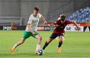 27 May 2023; Mason Melia of Republic of Ireland in action against Alejandro Granados Torres of Spain during the UEFA European U17 Championship Quarter-Final match between Spain and Republic of Ireland at Hidegkuti Hándor Stadium in Budapest, Hungary. Photo by Laszlo Szirtesi/Sportsfile