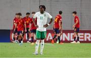 27 May 2023; Ikechukwu Orazi of Republic of Ireland reacts after conceding a goal during the UEFA European U17 Championship Quarter-Final match between Spain and Republic of Ireland at Hidegkuti Hándor Stadium in Budapest, Hungary. Photo by Laszlo Szirtesi/Sportsfile