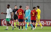 27 May 2023; Republic of Ireland players Romeo Akachukwu and goalkeeper Jason Healy after the UEFA European U17 Championship Quarter-Final match between Spain and Republic of Ireland at Hidegkuti Hándor Stadium in Budapest, Hungary. Photo by Laszlo Szirtesi/Sportsfile